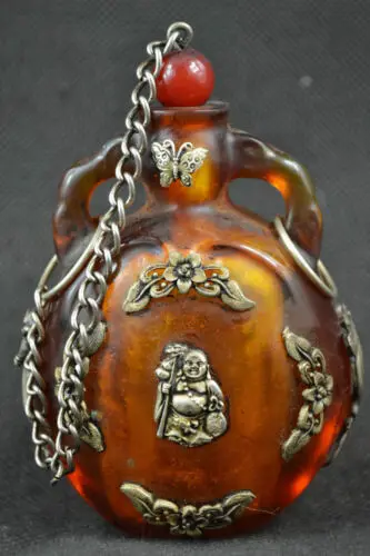 

China Old Tibet Silver Amber Carved Butterfly Buddha Statues Snuff Bottle