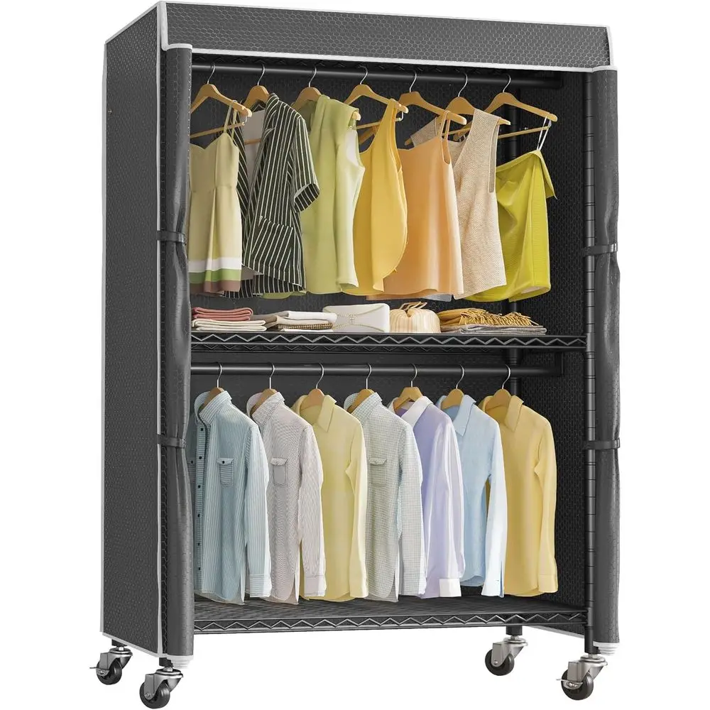 

Heavy-Duty Portable Garment Rack with Adjustable Shelves and Double Hanging Rods, Covered in Black Polyester