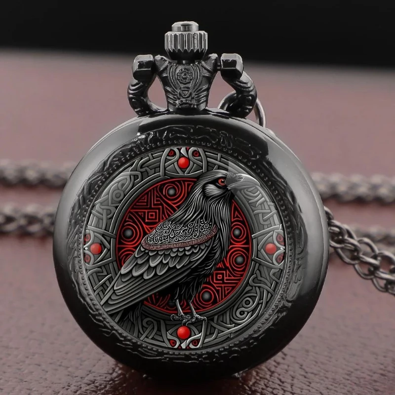 Gothic Black Raven Patterns Vintage Quartz Pocket Watch Arabic Dial Fob Watch Pendant Clock Gift for Men Women Reloj De Bolsillo