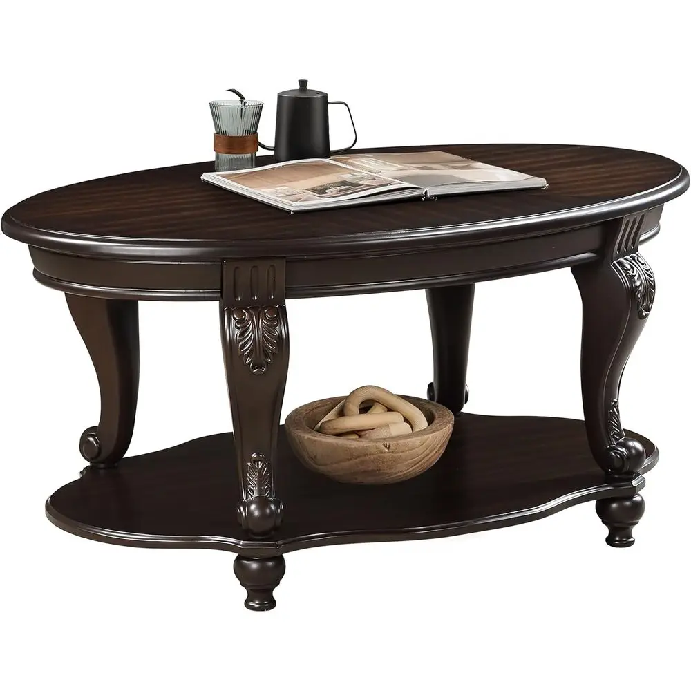 

Vintage Oval Coee Table with Shel, 42" Traditional Wood 2-Tier Center Table with Cabriole Legs or Living Room, Easy Assembly,