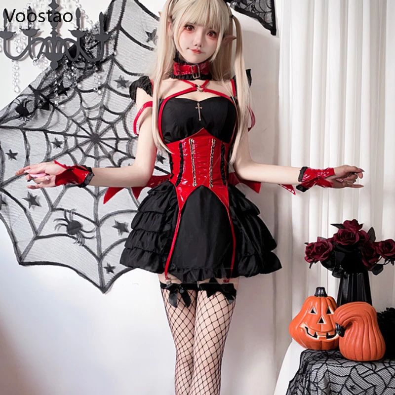 Japanese Gothic Lolita Dress Women Sexy Little Devil Cosplay Costumes Maid Unifrom Set Role Play Halloween Party Mini Dresses