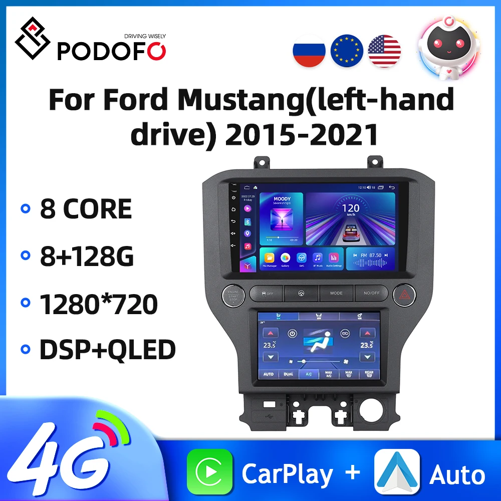 Podofo Android 2Din Car Radio For Ford Mustang 2015-2021 Multimedia Player Carplay Android Auto GPS Navigation WIFI Car Stereo