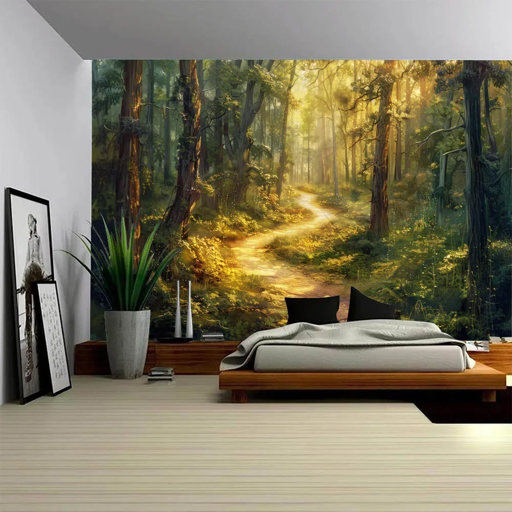 Tranquil fairyland forest tapestry, dense jungle landscape wall hanging, home bedroom aesthetic countryside style decoration