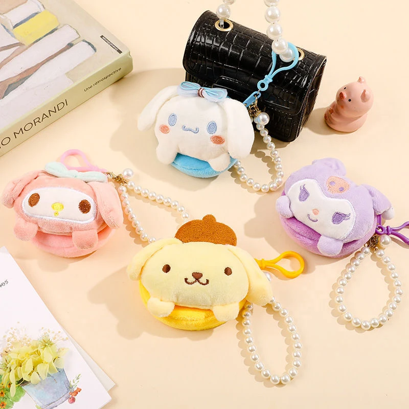 Kawaii Sanrio Doll Plush Small Bag Pearl Keychain Cinnamoroll Melody Purin Kuromi Wallet Cute Coin Purse Pendant Earphone Bag