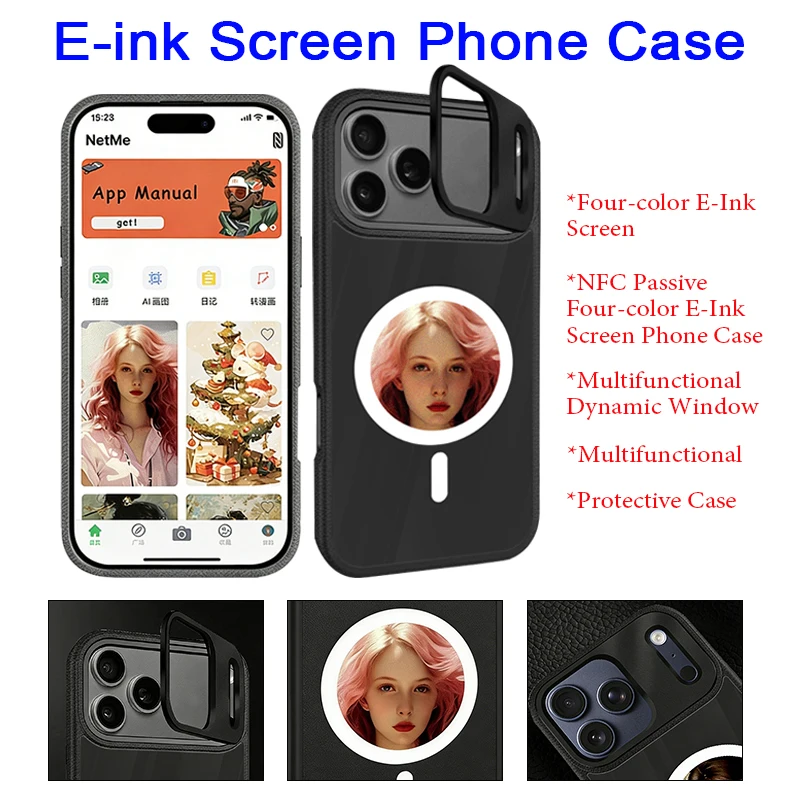 

High-definition E-Ink Screen Phone Case with Lens Stand Small Round NFC Screen Projection Phone Protector Covers for IPhone
