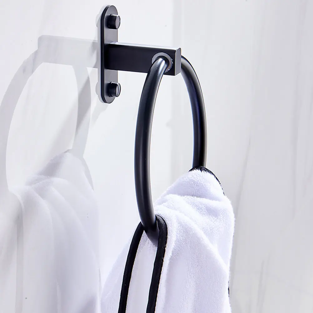 

1Pcs Black Aluminum Towel Ring No-Punching Installation Bathroom Towel Holder Thick Solid Material Rustproof Waterproof Hook