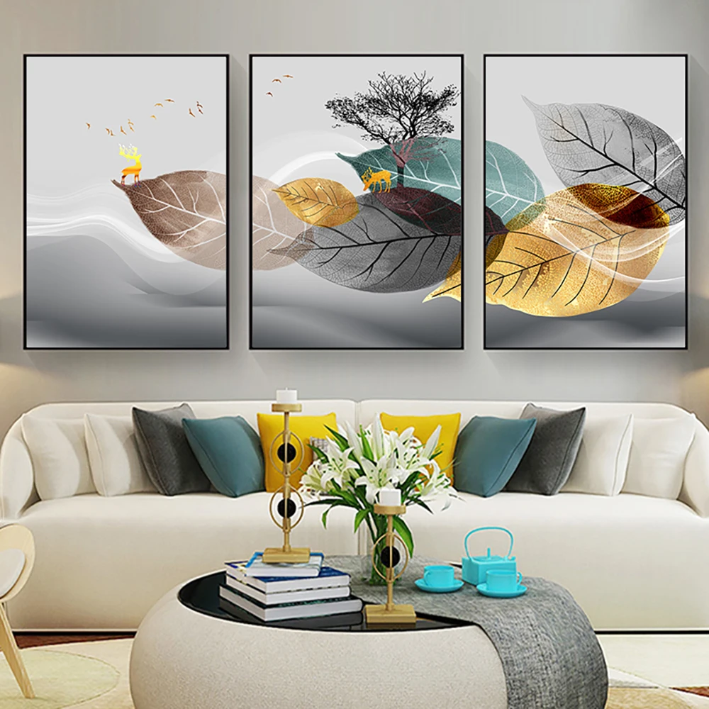 

3PCS Frameless Abstract Grey Golden Blue Leaves Canvas Painting Posters and Print Still Life for Living Room Home Wall Decor