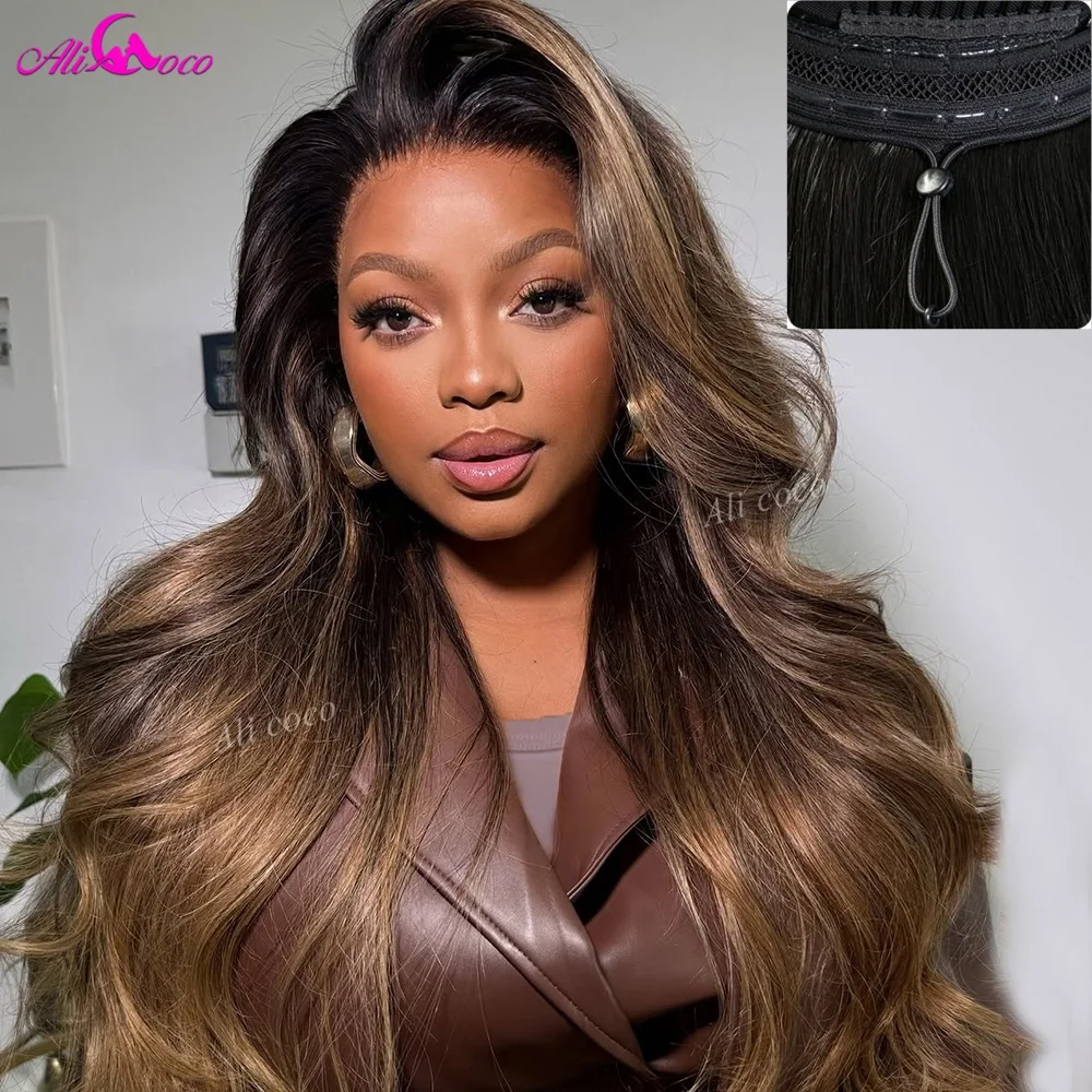 New Upgrade 200 Density 13x6 Lace Front Human Hair Glueless Wigs Ombre Brown Highlight Wig Body Wave for Women Drawstring Wig