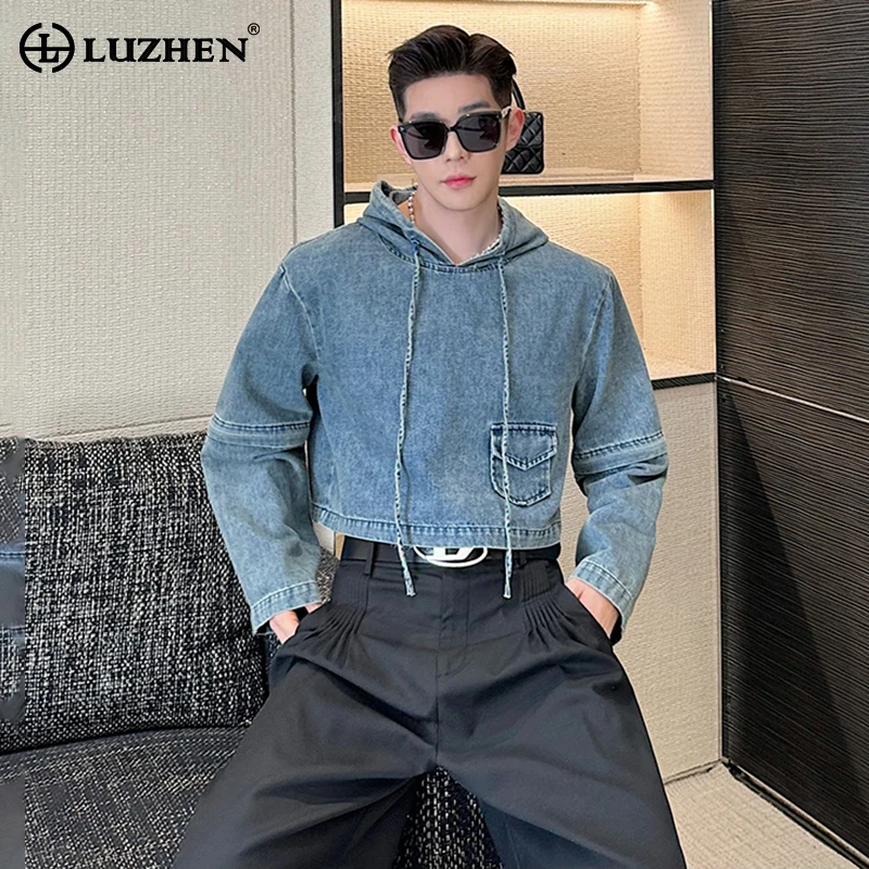 

LUZHEN Detachable Long Sleeve Denim Pullover Tops 2024 Spring Splicing Design Original Men's Street Trendy Short Hoodies LZ1759