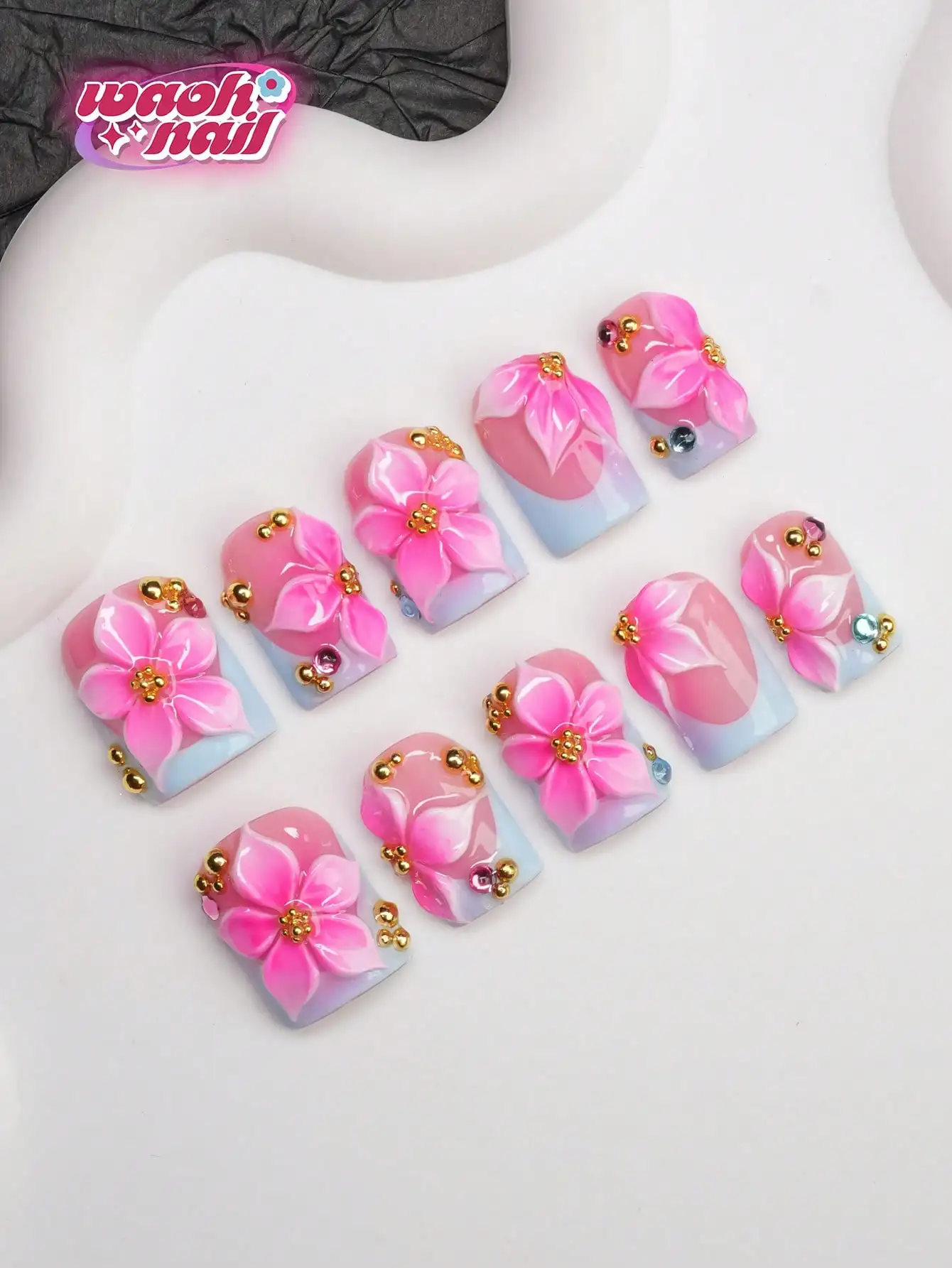 

10pcs Square Shaped Handmade Nail Tips, Y2K Baddie Style, Nude & Blue Color With French Edge, Carved Patterns, Steel Beads, Bubble Pearls Design, Handcrafted Wearable Nails, Suitable For Women And Girls, Glitter Nails For Party, Wedding, Daily Wear, Inclu