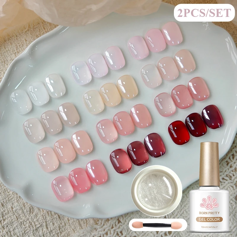 BORN PRETTY 2Pcs Jelly Nude Gel Nail Polish Set with High-Transparency Fill Light Powder for Manicure Nail Art Design Salon Set