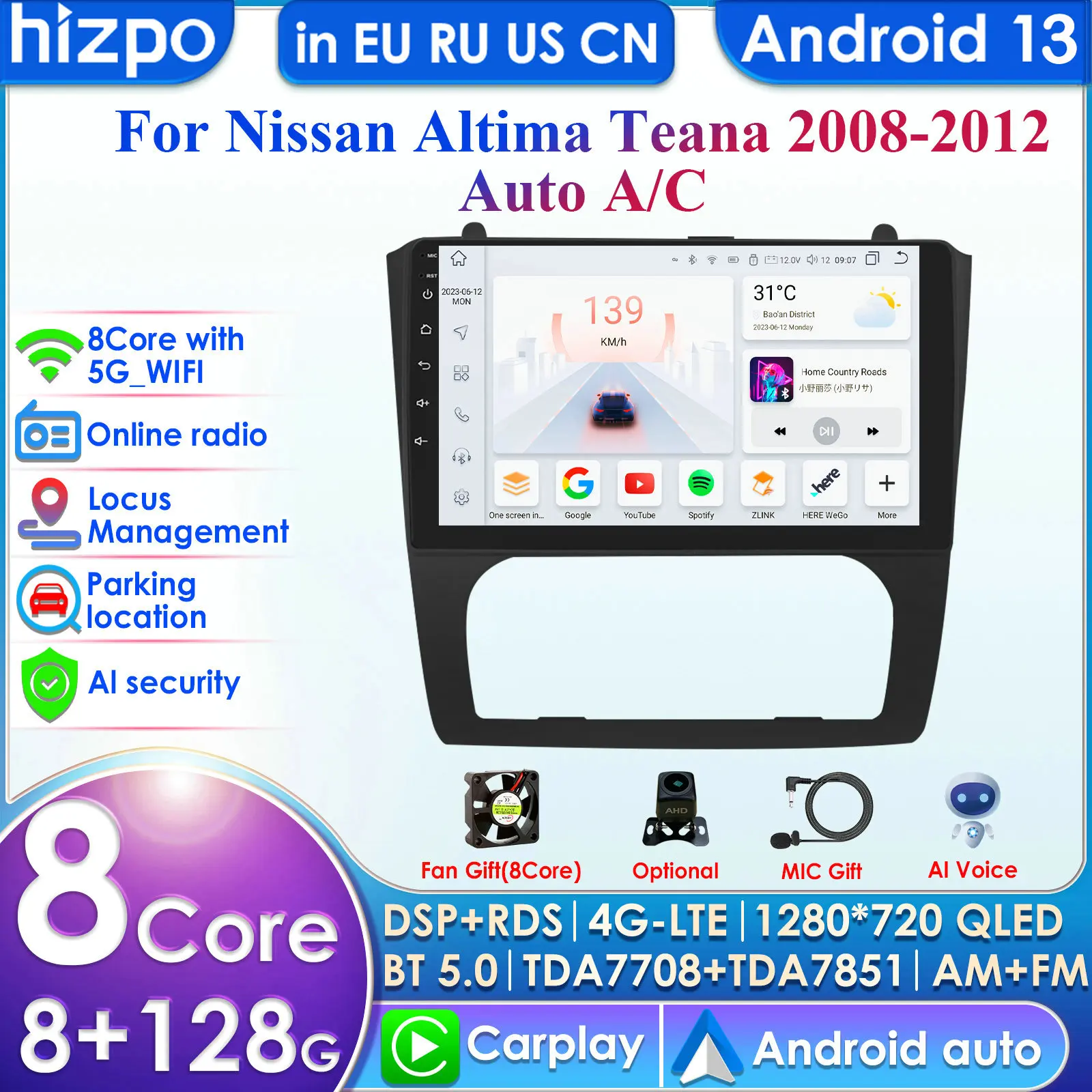 Hizpo 4G 9''AI Intelligent Systems Wireless CarPlay Android Auto Radio for Nissan Altima Teana Car Multimedia GPS 2din Autoradio