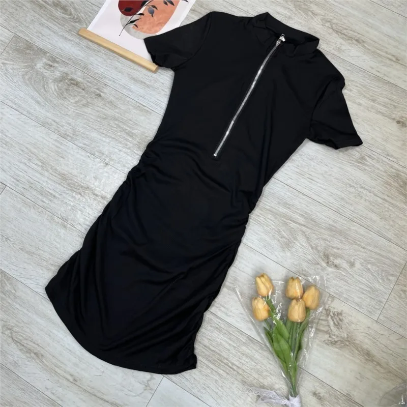 Robe d'été élégante, Sexy, couleur unie, fermeture éclair, coupe cintrée, manches courtes, Mini robe de soirée en boîte de nuit, 2025