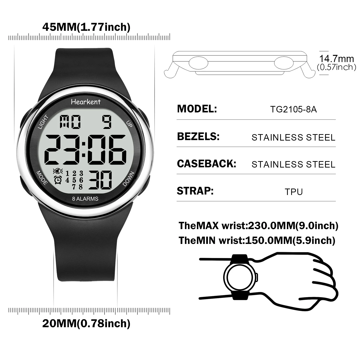 Heartlament-reloj con 8 alarmas vibratorias para sordos, cronógrafo Unisex con 8 alarmas vibratorias, recordatorio de alerta de píldoras y medicamentos, dígitos grandes, resistente al agua