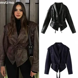 Autumn Winter Outerwear Vintage Solid Lapel Collar Zipper Women's PuLeather Jacket Fashion Long Sleeve Pockets Short Loose Coat