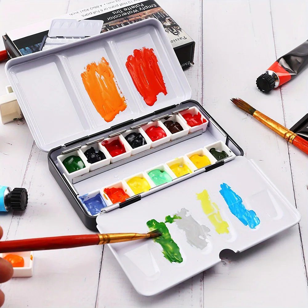 Empty Watercolor Palette Paint Tray with 14 Half Pans - Sturdy Empty Watercolor Palette Tin - Travel Watercolor Palette with Lid