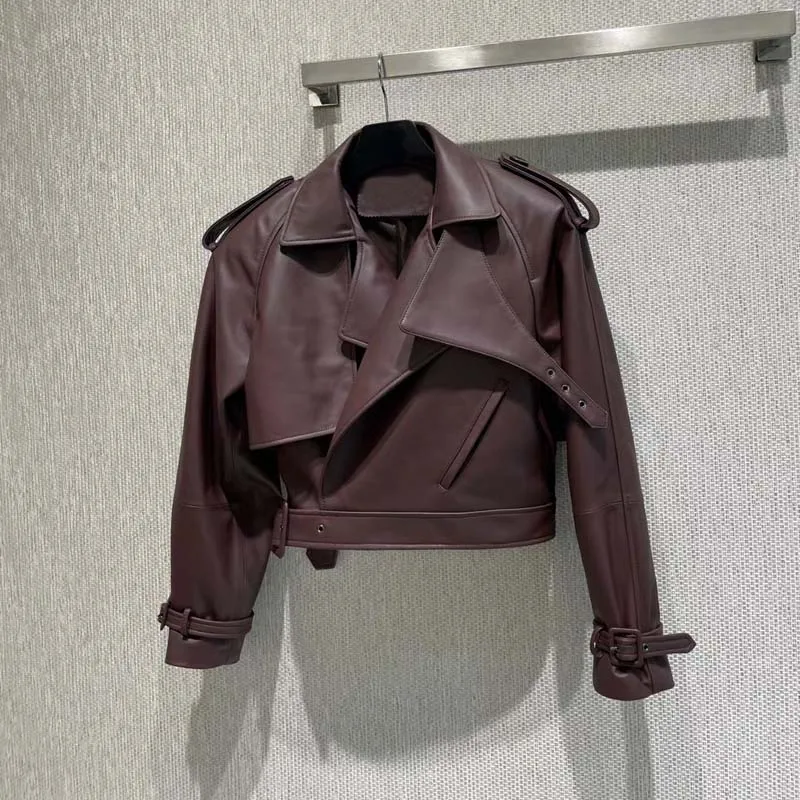 Chaqueta de cuero genuino de lujo para mujer, abrigo de longitud corta con cuello vuelto, ropa con cinturón, primavera y otoño, 2023