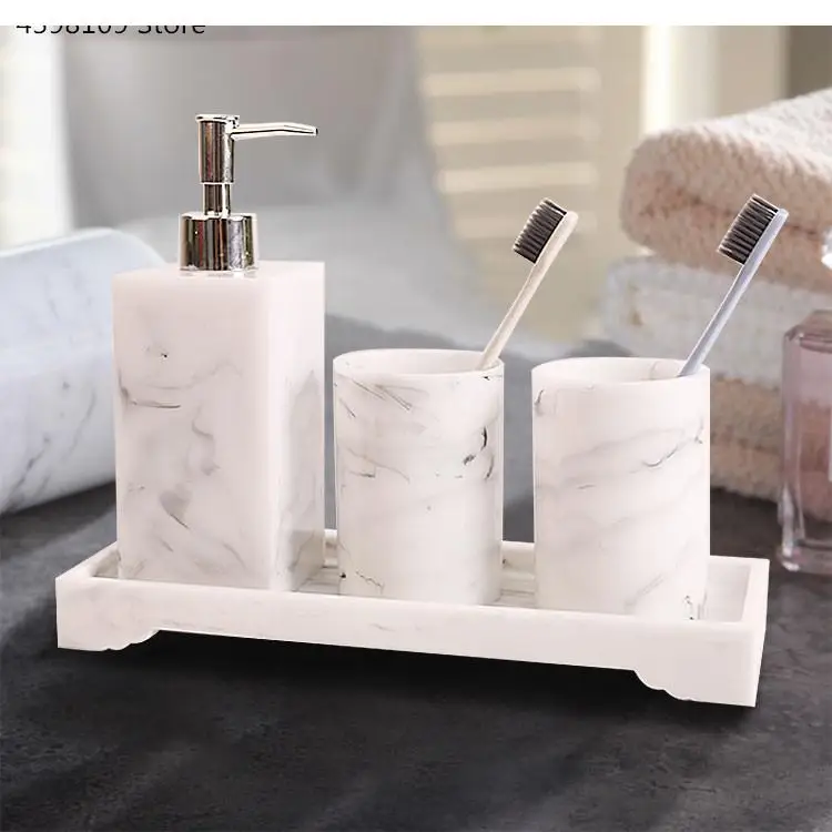 Bathroom Supplies Marble Texture Resin Accessories with Dispenser Toothbrush Holder Soap Toiletries