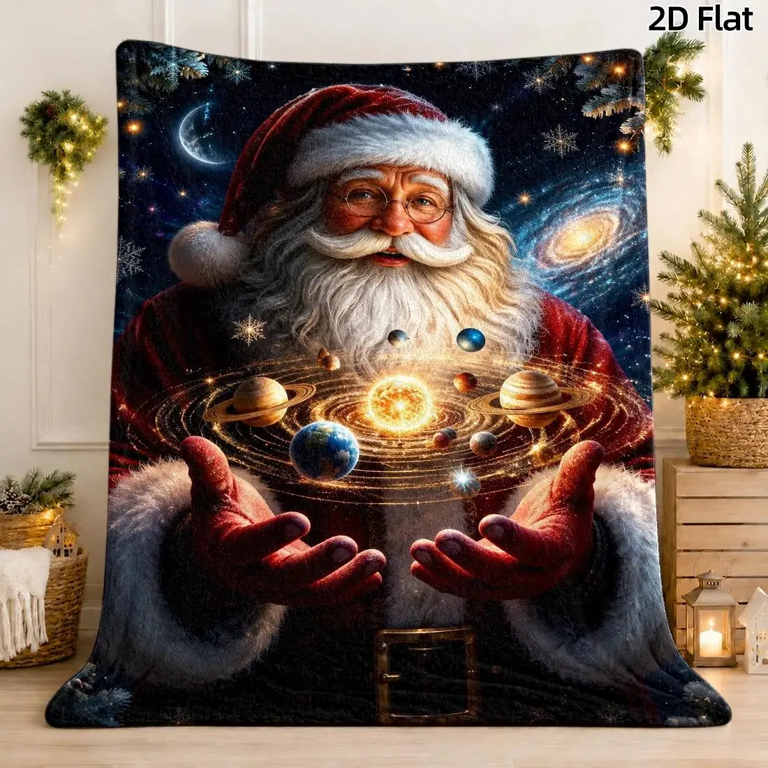 1pc 2D Flat Cosmic Santa & Galaxy Pattern Blanket, Oil Painting Style, Santa Holding Solar System