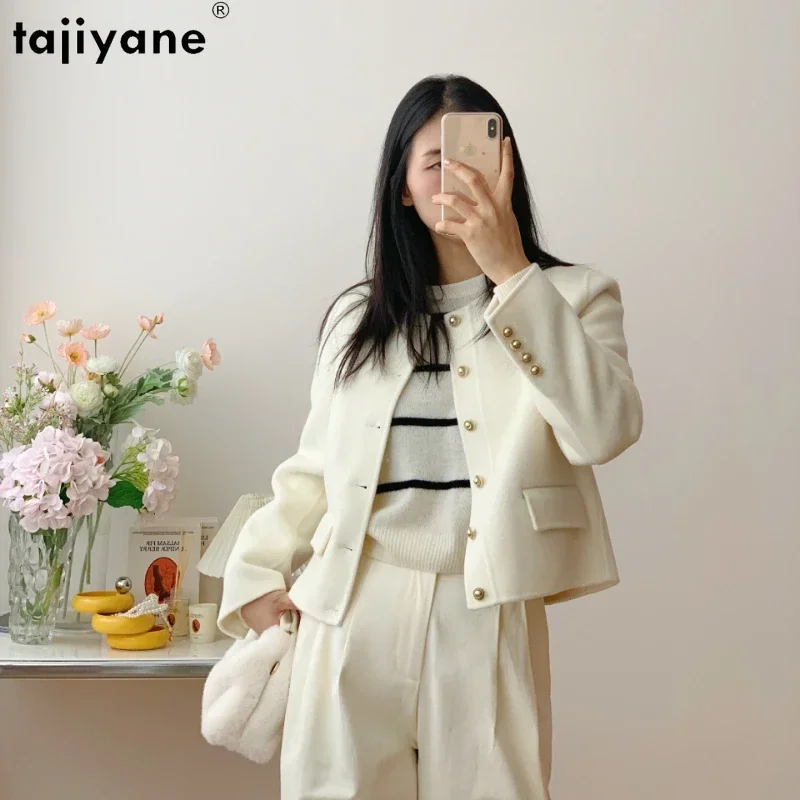 

Tajiyane 90% Wool 10% Cashmere Jacket for Women 2023 Autumn Winter Short Chic Double-sided Wool Coat O-neck Casaco Feminino