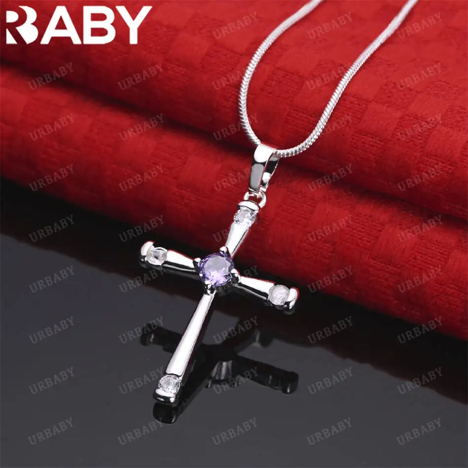

URBABY 40-75cm 925 Sterling Silver Purple Zircon Cross Pendant Necklace For Women Men Charm Trend Birthday Gifts Fashion Party