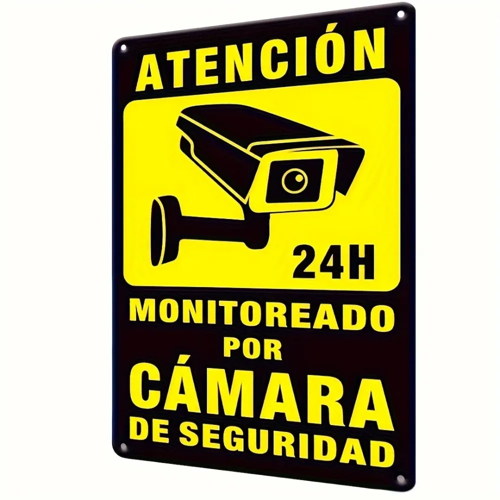 Aluminum metal sign wall decor, black yellow 24h camera spanish warning text rusted plaque for villa yard outdoor decor