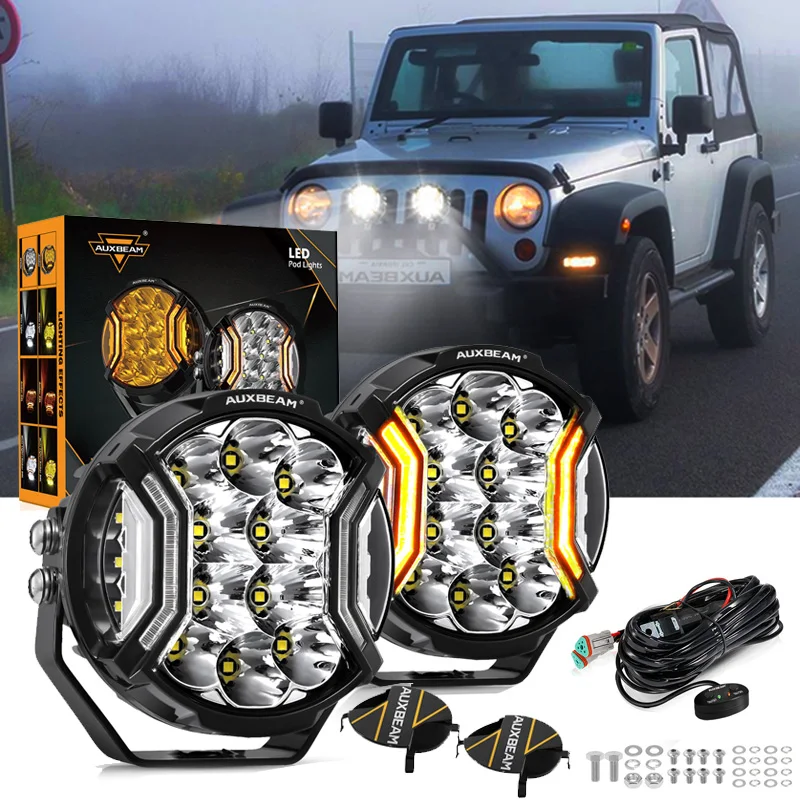 

1 пара 5-дюймовых светодиодных фонарей, круглые янтарные/белые рабочие фары, фары дальнего света, двухстороннее освещение шутера с янтарным DRL