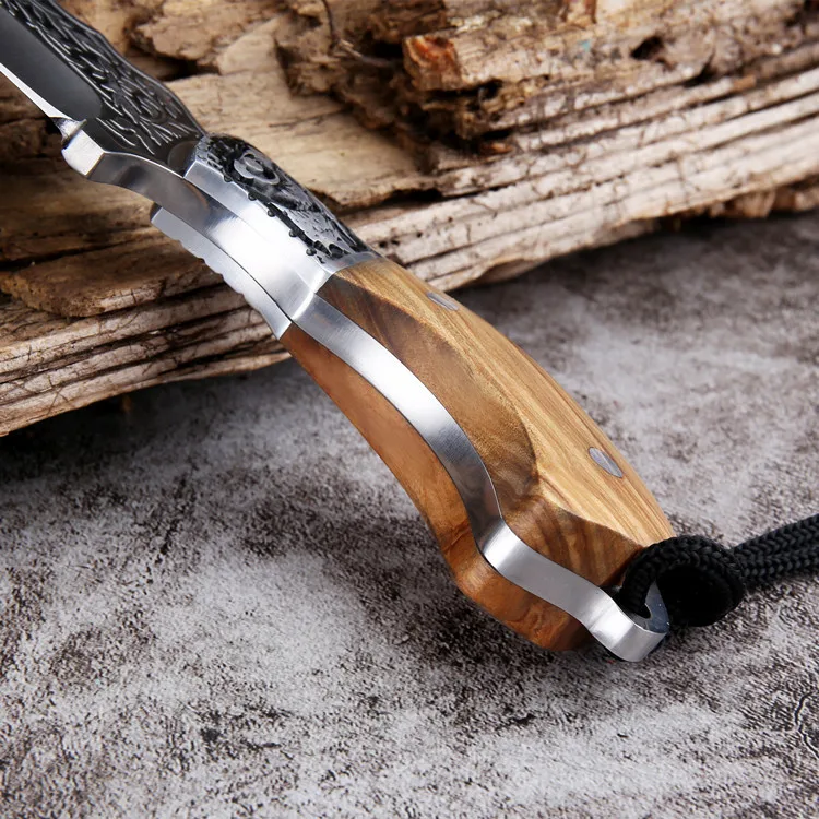 Kitchen Meat Knife Outdoor Camping Portable Small Straight Knife Olive Wood Handle Embossed Carving Thickened Blade Dinner Knife