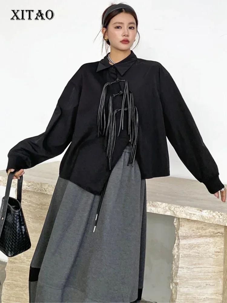 

XITAO Tassel Irregular Chinese Style Buckle Female Shirt Casual Loose Fitting Vintage Full Sleeve Autumn Women Blouse GMM1186