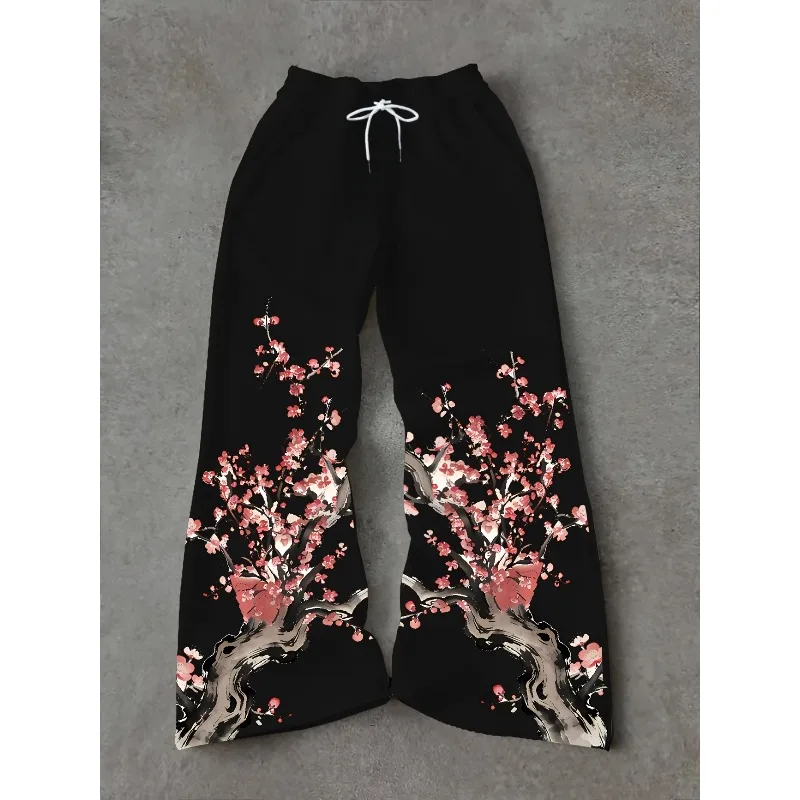 Herren-Sporthose mit Kirschblüten-Print, Schwarz, Lässig, Beliebte Streetwear-Hose