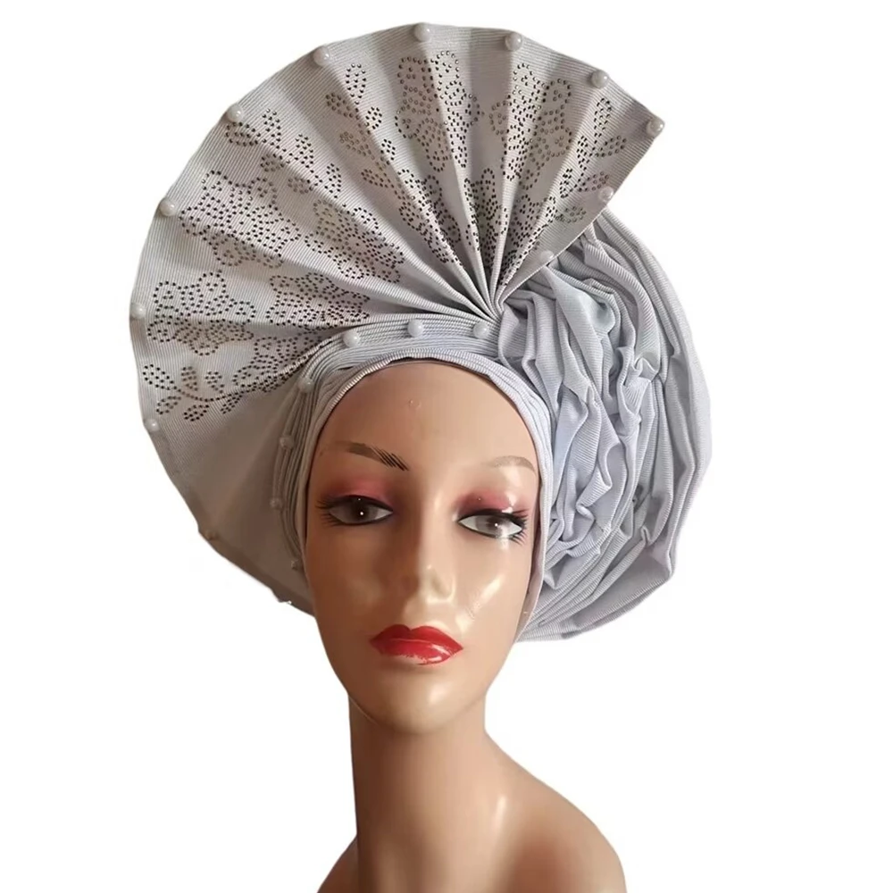 African Headtie Auto Gele White Head Wear With Rhinestones And Beads Sego Gold Head-tie Latest Design