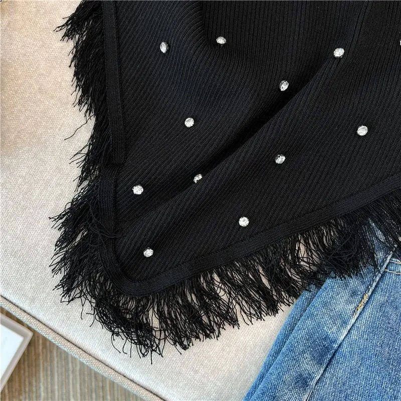 سترة نسائية مرصعة بالألماس بتصميم الربيع والصيف، بلوزة بدون أكمام بشرابة غير منتظمة متعددة الاستخدامات للملابس الخارجية