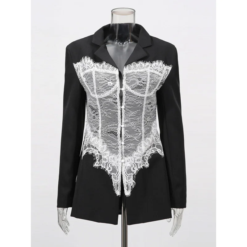 Socialite High-Grade Lace Stitching Fishbone Waist Suit2025Summer NewVCollar Long Sleeve Solid Color Coat Women