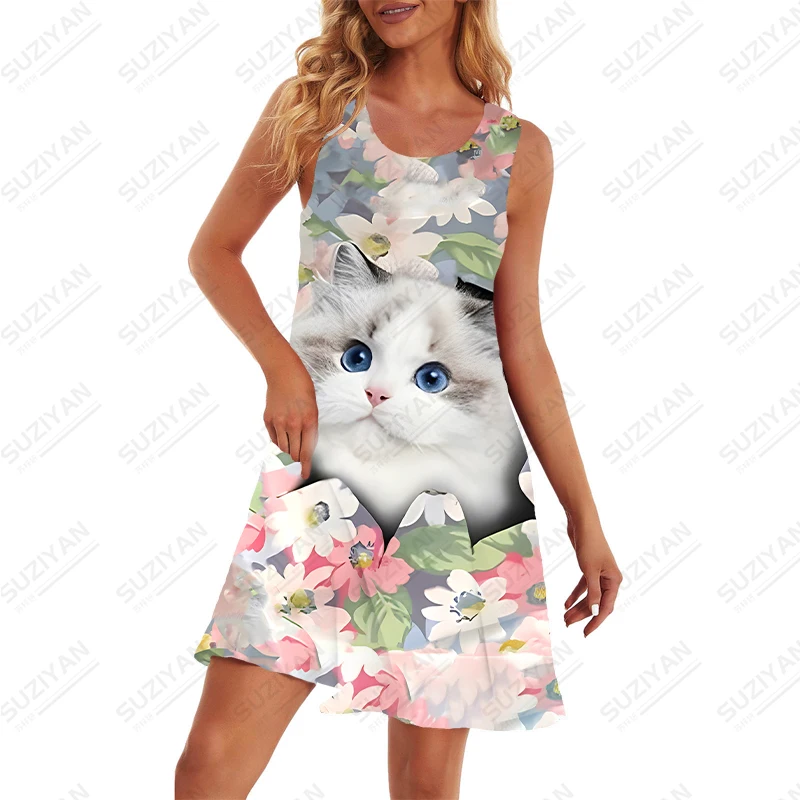 Vestido holgado de verano para mujer, prenda sencilla y bonita, sin mangas, con estampado 3D de gato Kawaii, novedad de 2023