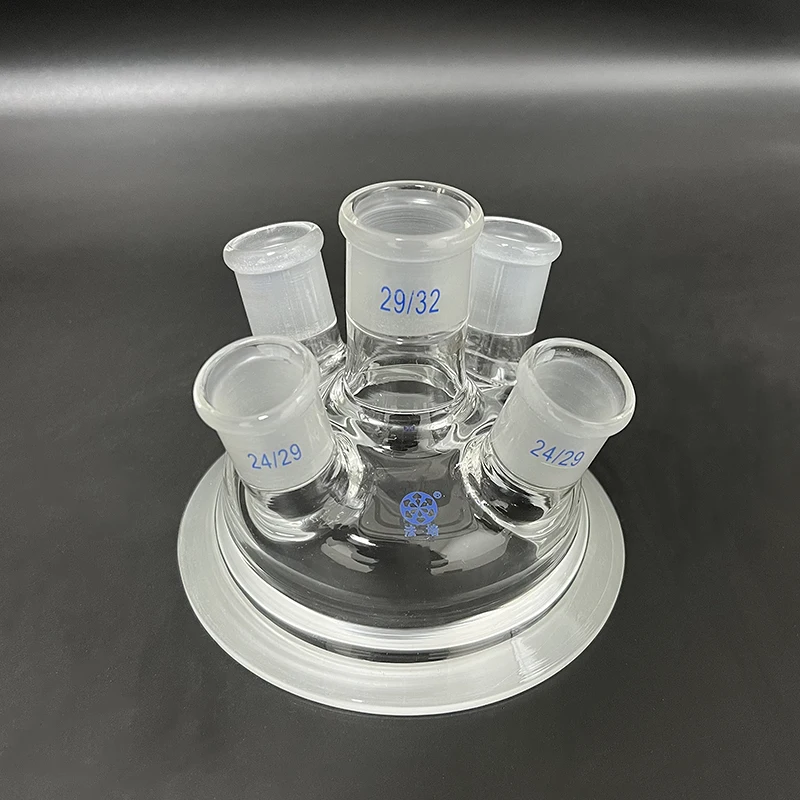 

Five ground mouth reaction bottle cap,100mm/150mm/200mm/230mm flange,Oblique shape,Mid 29/32,Side 24/29,Glass cover