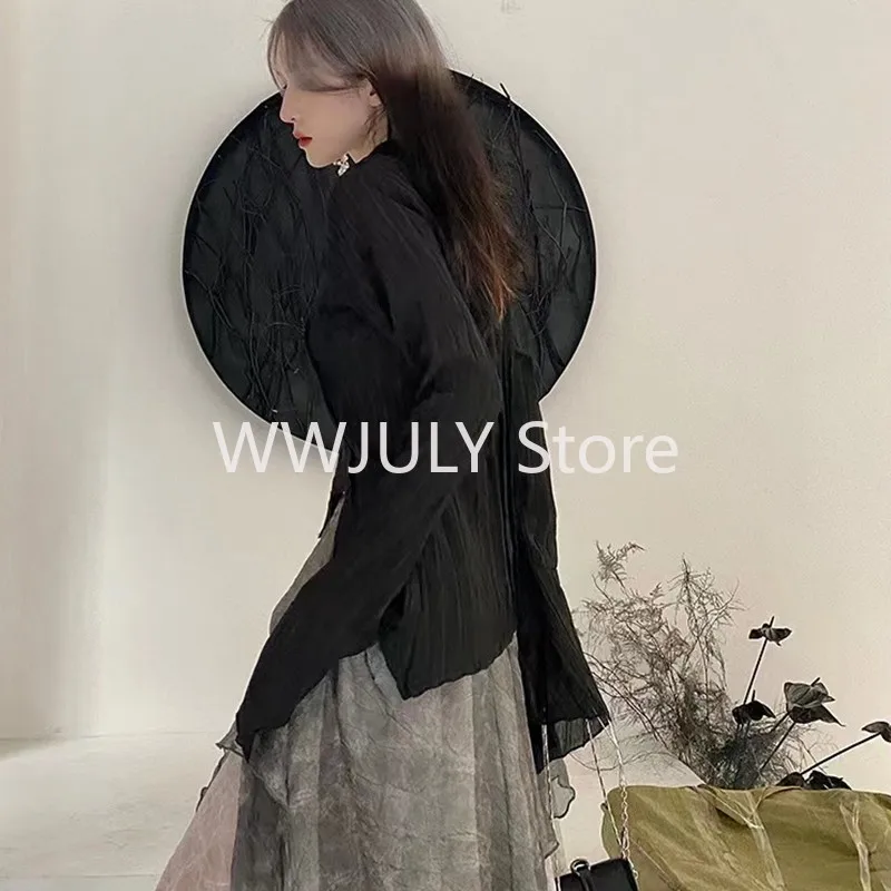 Gothic Black Shirt Yamamoto Style Dark Aesthetic Blouse Women Irregular Designer Clothes Emo Alt Clothes Grunge Tops Y2k