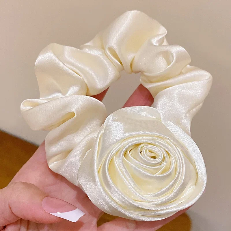 Vintage French Style Rose Flower Hair Scrunchie Women\'s Elastic Hair Bands Ponytail Holder Hair Ties Head Rope Headwear