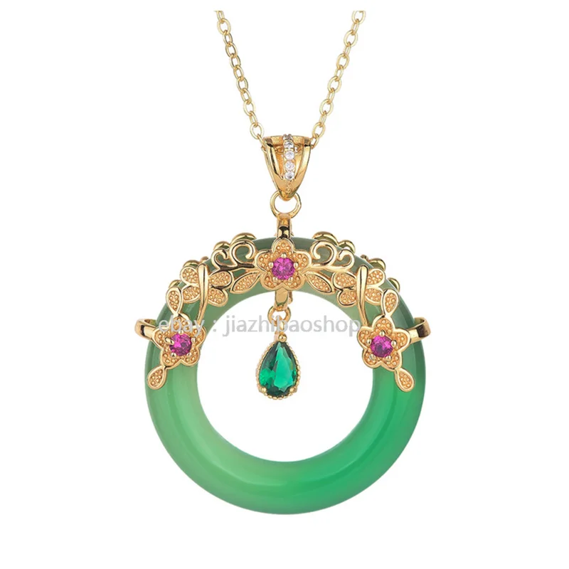 

Jade Crystal Donut Ring Dainty Gemstone Pendant Nelace Charm 18K Gold Plated