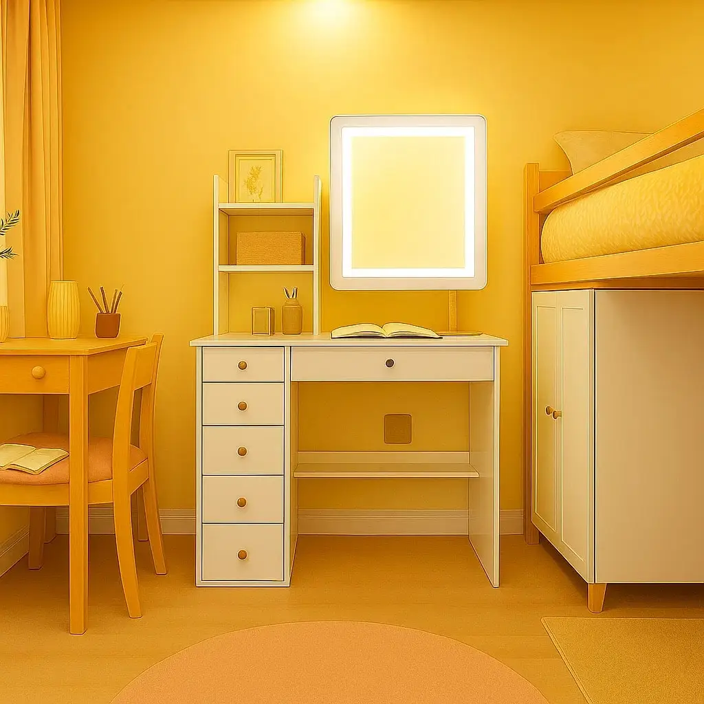 

Small space dressing table with slides and square mirror, five drawers, one lockable drawer, three open compartments