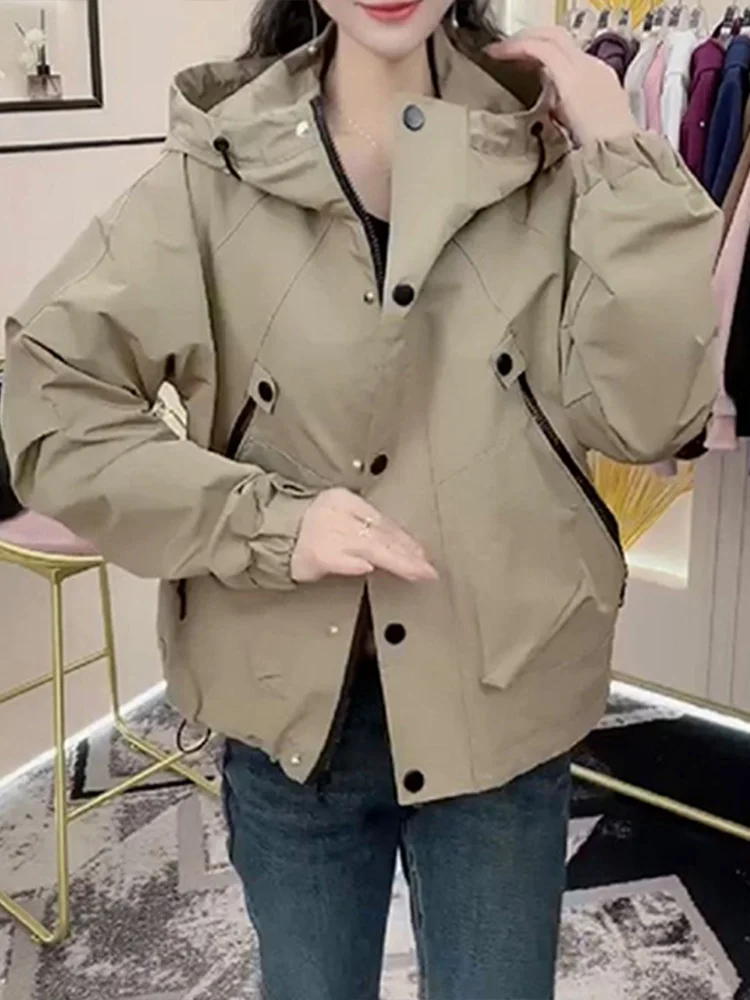 Thickened Fleece Lined Workwear Short Coat for Women Spring Autumn Winter Fashionable Top Zipper Closure Hooded Long Sleeve