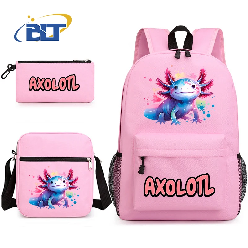 Cute Axolotl printed girls school bag set student backpack shoulder bag pencil case 3-piece set kids back-to-school gift