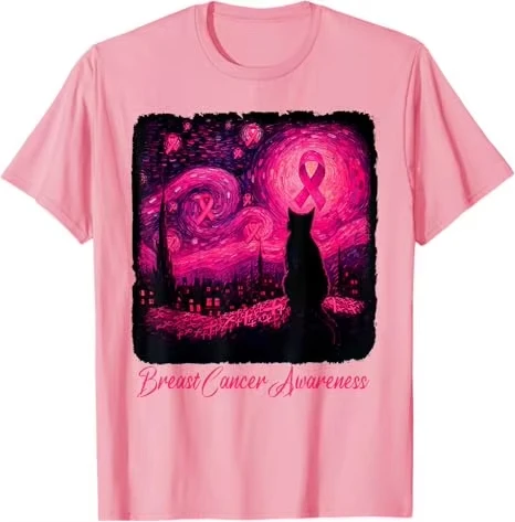 ليلة مليئة بالنجوم فان جوخ القط هالوين تي شيرت للتوعية بسرطان الثدي في أكتوبر نرتدي الزي الوردي Y2k الرسم الشريط الوردي تيز