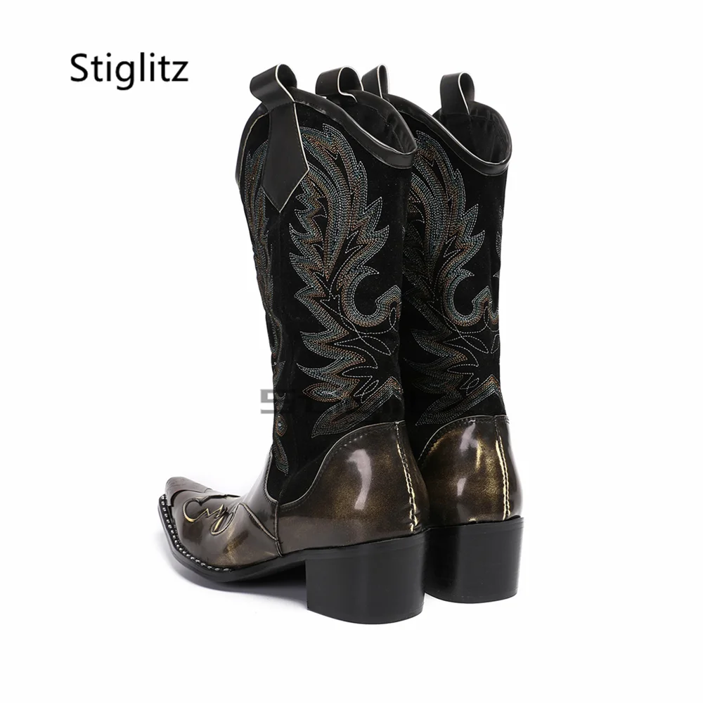 Men's Embroidered Knight Boots Metal Pointed Toe Chelsea Boots Genuine Leather Patchwork 6Cm Heels Western Boots Male Shoes