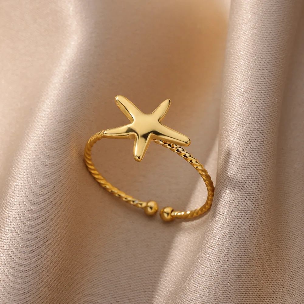 Starfish Stainless Steel Open Rings For Women Gold Color Heart Adjustable Ring  2024 Trendy Wedding Party Jewelry Gift anillos