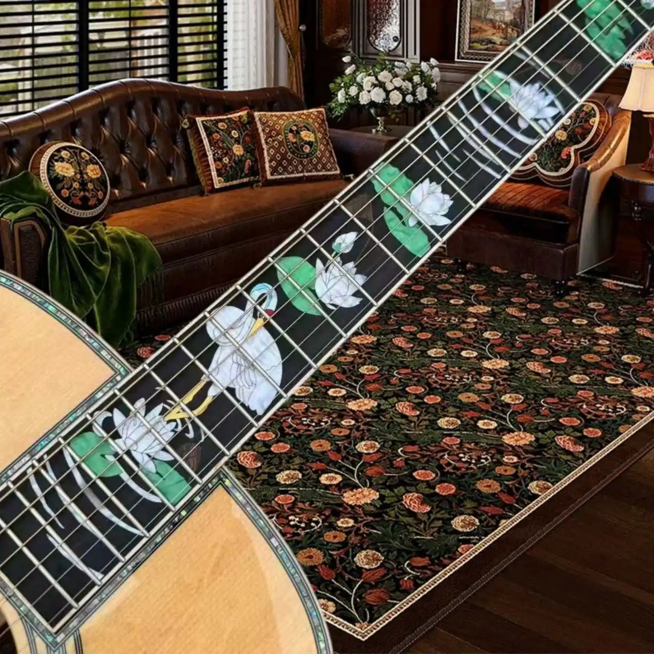 MD Style Crane Lotus Acoustic Guitar Featuring Full Abalone Mother Pearl Floral Vine Inlays Fingerboard Indian Rosewood
