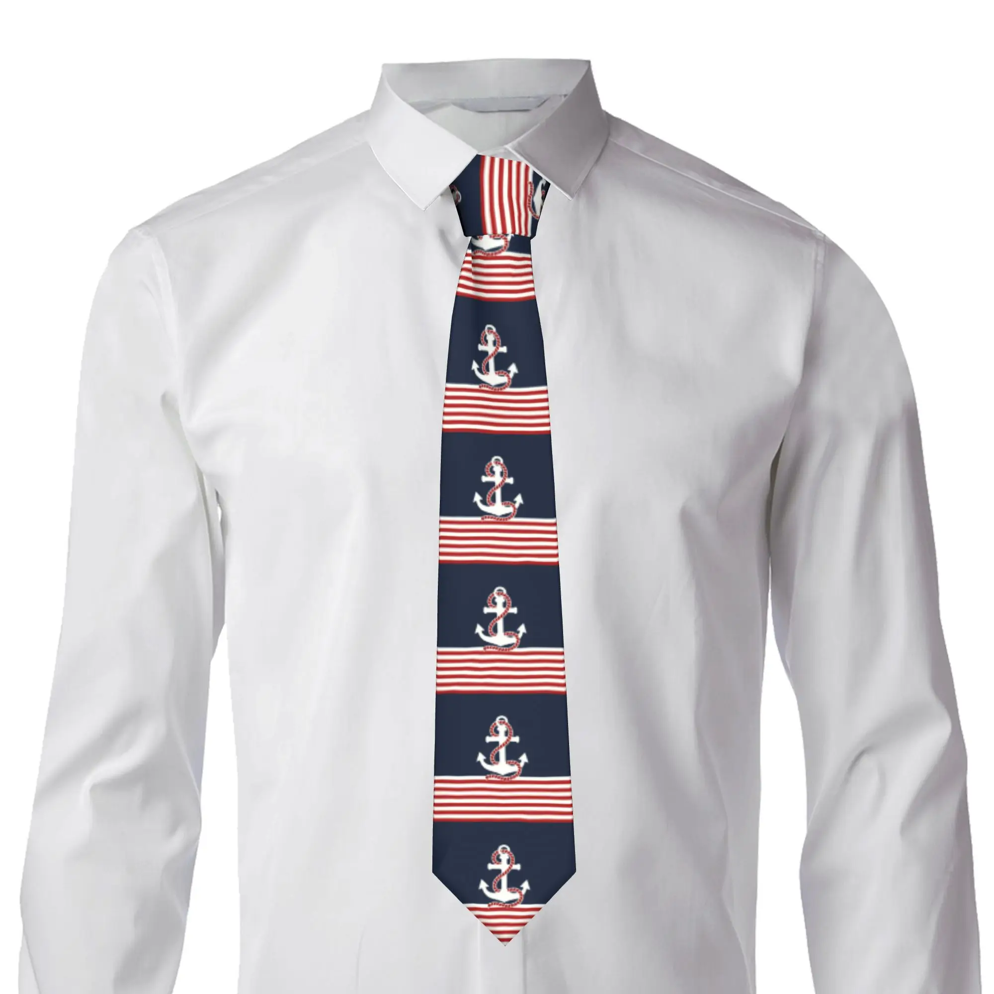 Fashion Navy Blue Stripes Nautical Anchor Boat Neck Tie Mens Silk  Neckties for Wedding Cravat