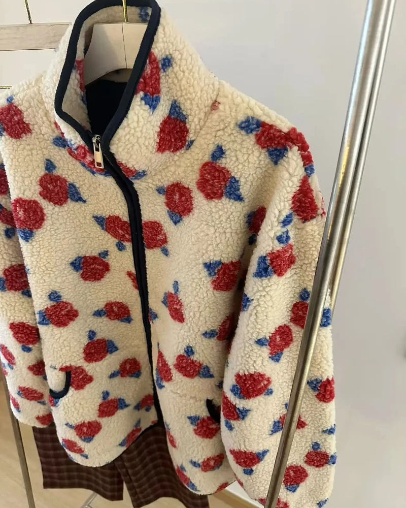 Kurtka zimowa 2025 New Rose Shake Fleece Retro Ciepła Rozpinana Casualowa