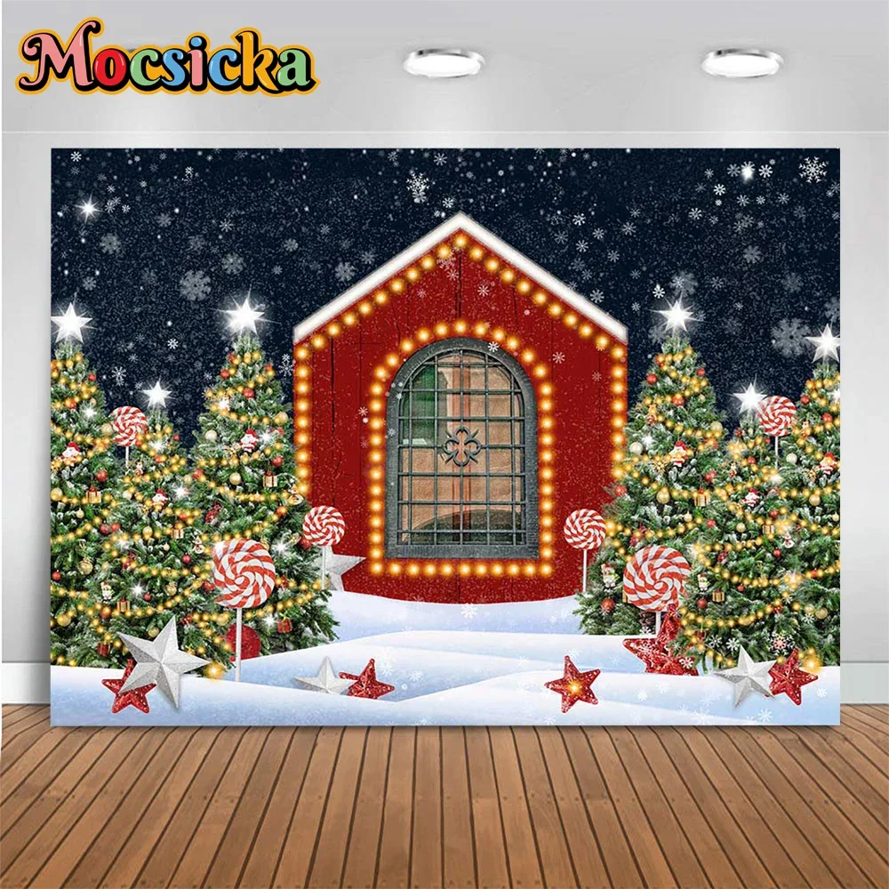 

Christmas Eve Background Red Rustic Barn Snowfalkes Decor Xmas Tree Candy Baby Snow Photography Backdrop Studio Photoshoot Props