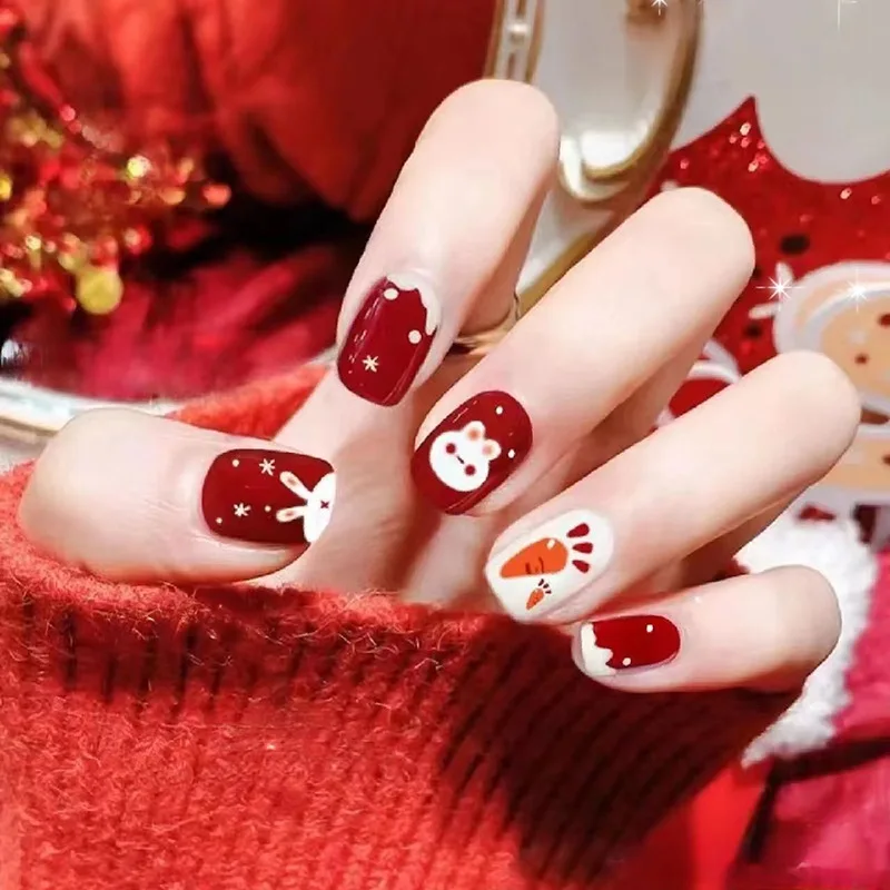 

24 Pcs Kawaii Fake Nails Girls Cute Cheap Artificial Press on Nails with Glue Reusable Rabbit Christmas Red Short False Nails