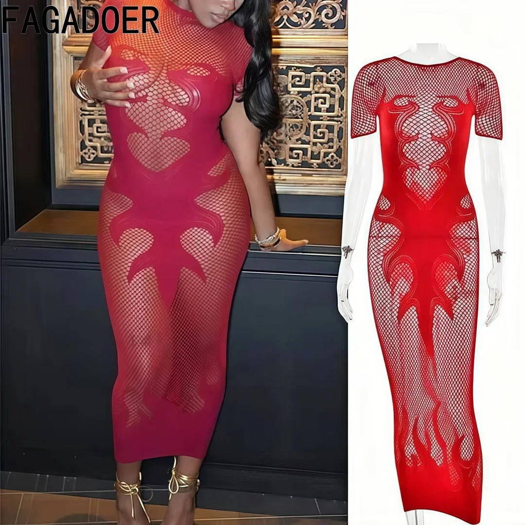 

FAGADOER Hollow Out Sexy Mesh Long Dress Women Flame Pattern See Through Bodycon Dresses Female Party Clubwear Vestidos 2025 New